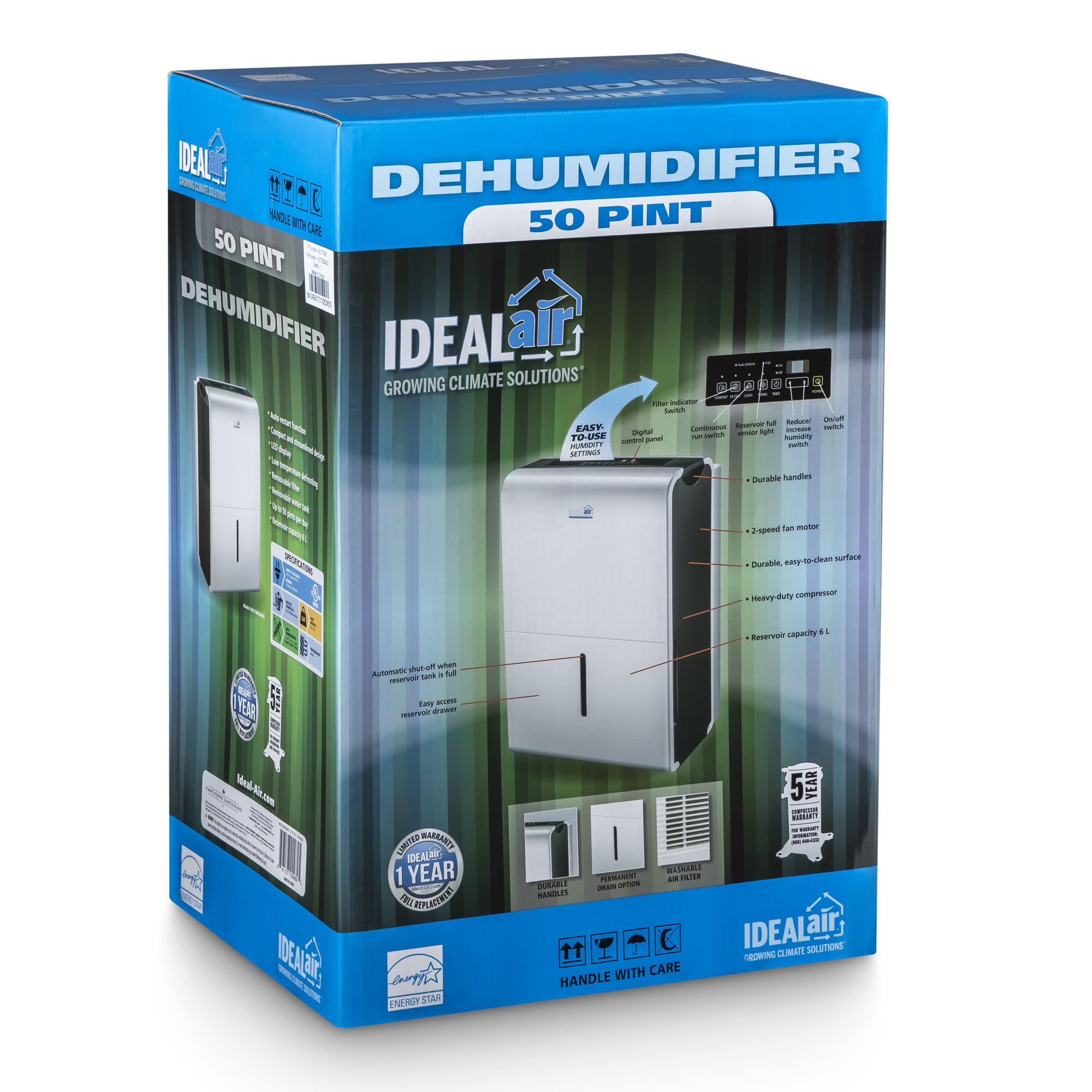 Ideal-Air Dehumidifier 50 Pint - Up to 80 Pints Per Day